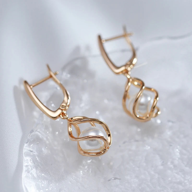 Kinel Luxury 585 Rose Gold Drop Earrings for Women Unique Geometric